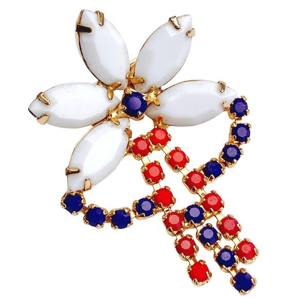 VTG Mid Century Milk Glass Red Blue Rhinestone Patriotic Brooch 1950s Gold Tone - Picture 1 of 7